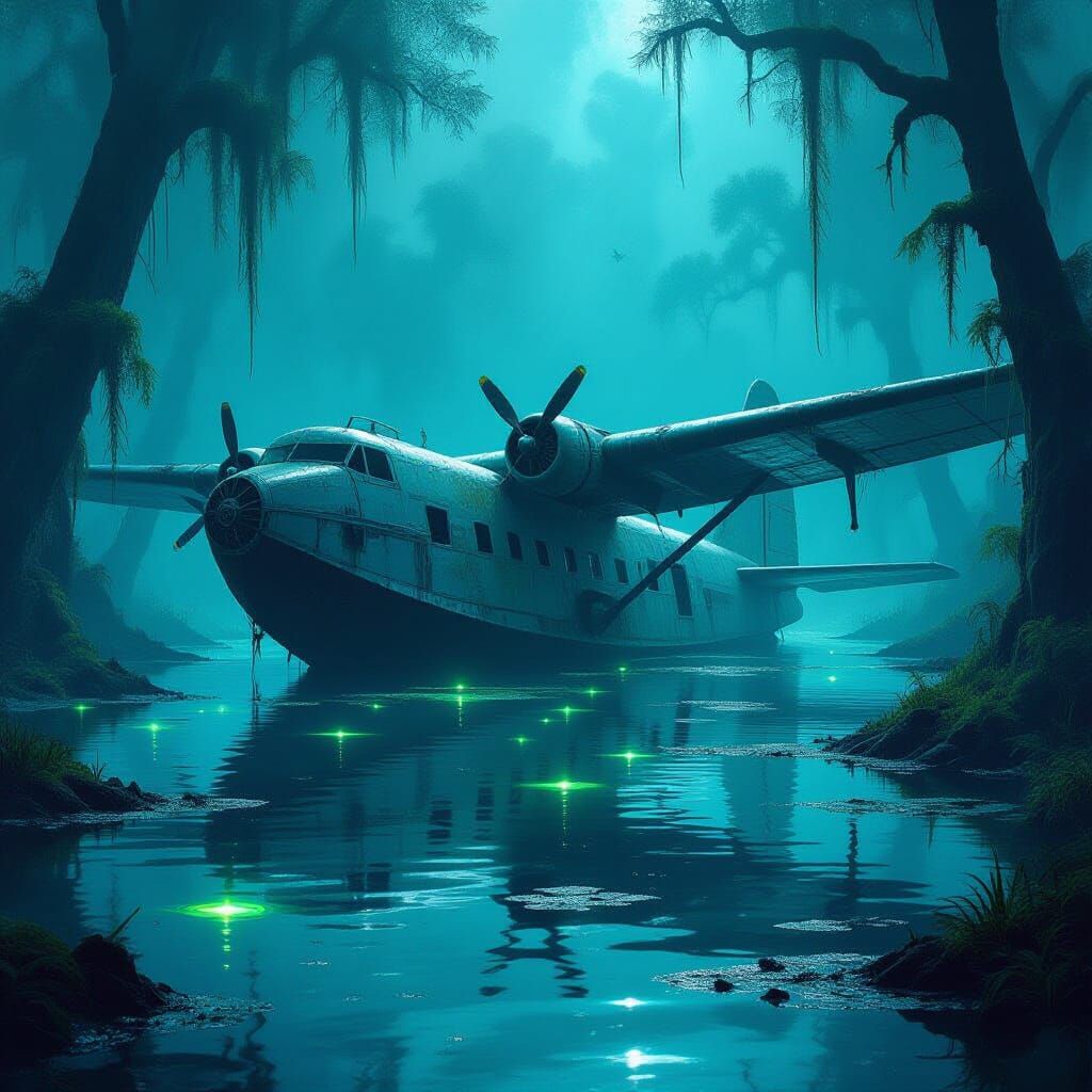 Colossal Derelict Seaplane in Alien Bioluminescent Swamp