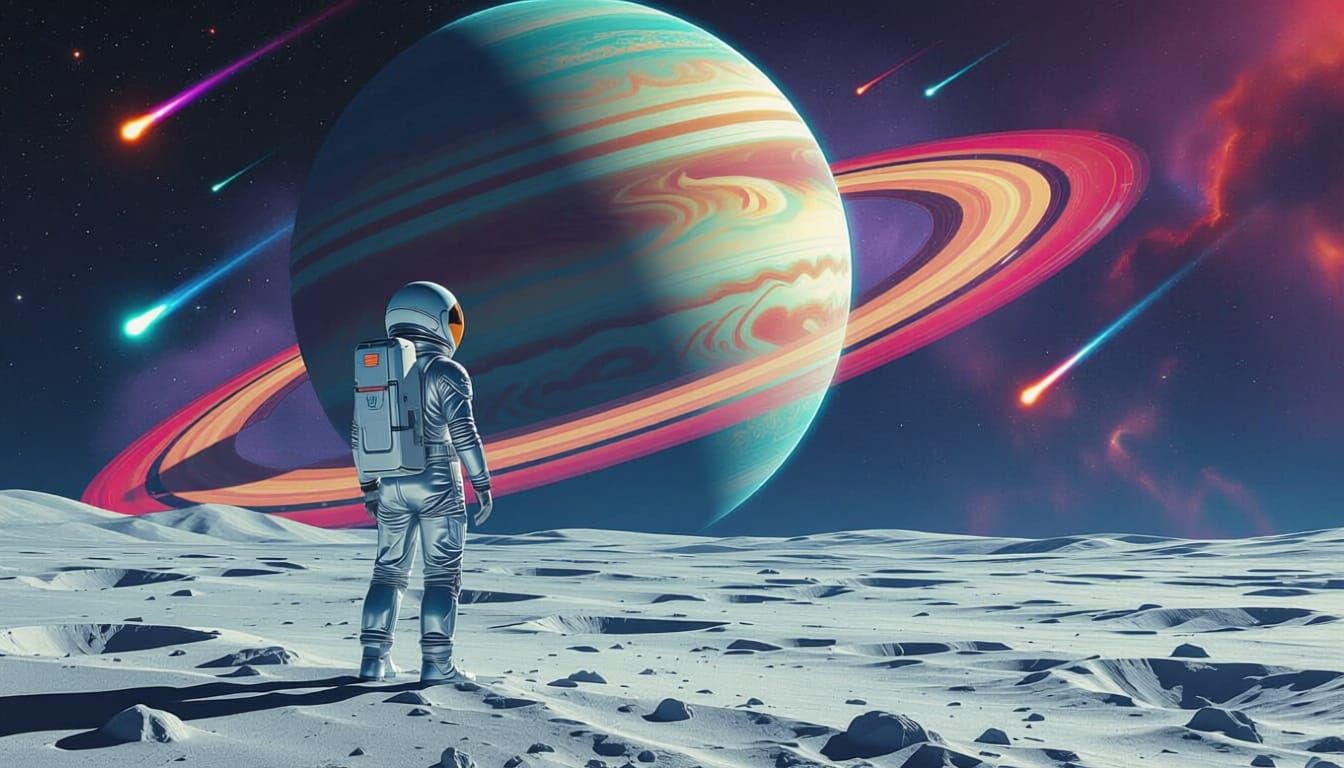 Astronaut on Gas Giant Moon with Comets