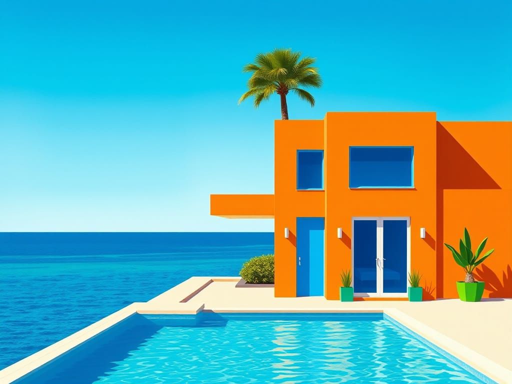 Geometric Building by Modern Ocean as Oil Painting