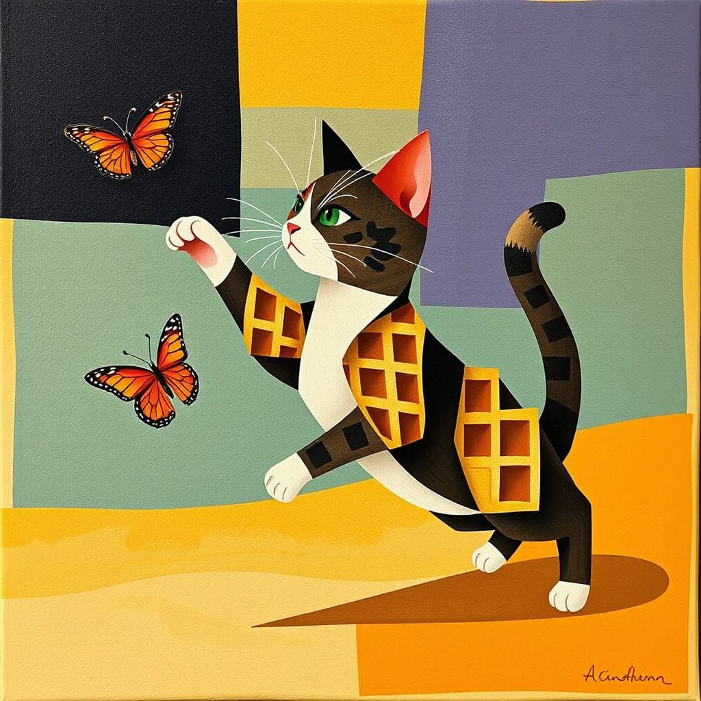 Abstract Waffle Landscape with Cat in Mid-air