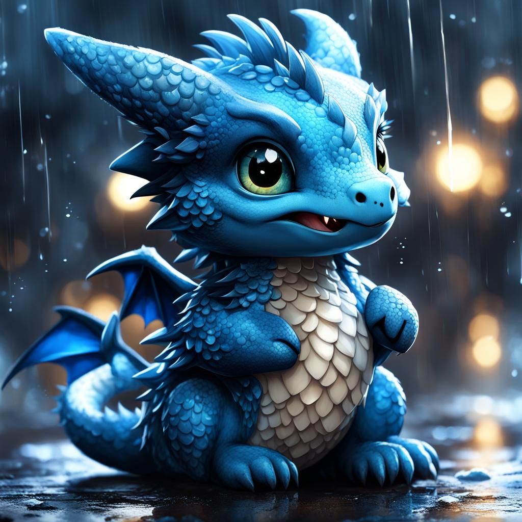 Crying Blue Dragon in the Rain: Detailed Digital Art
