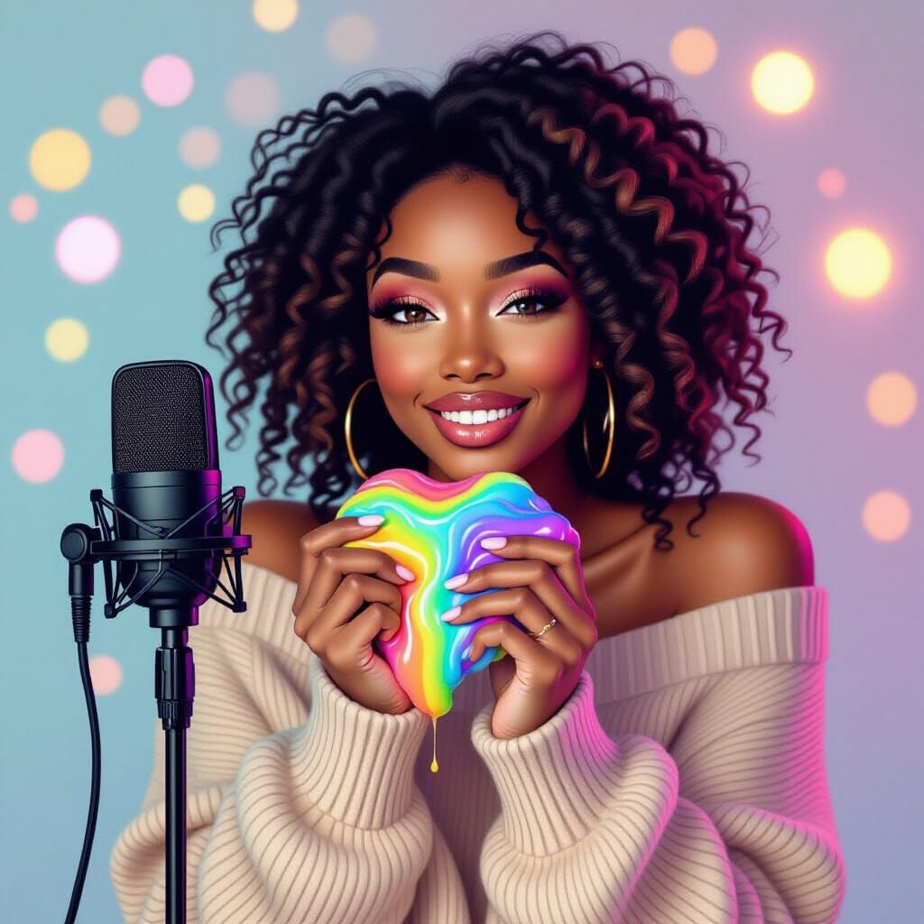 Woman Squeezing Slime Near Microphone in Pastel Bokeh