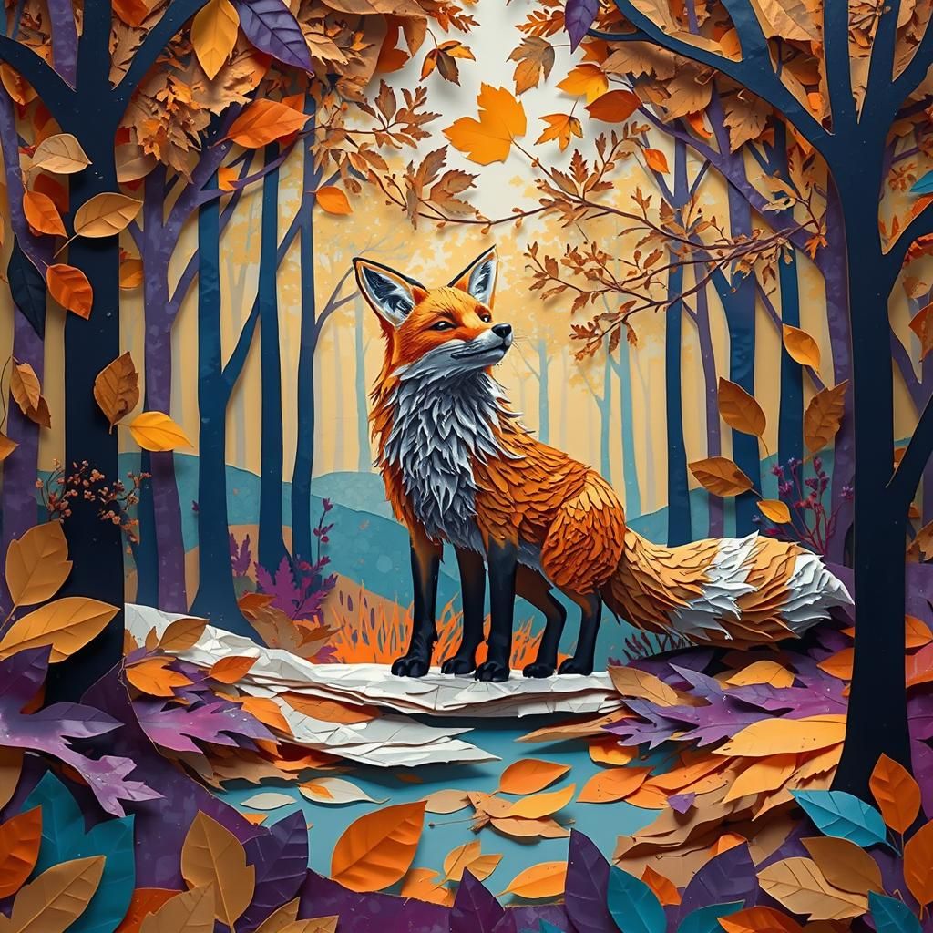 Whimsical Fox in Autumn Paper Collage Landscape