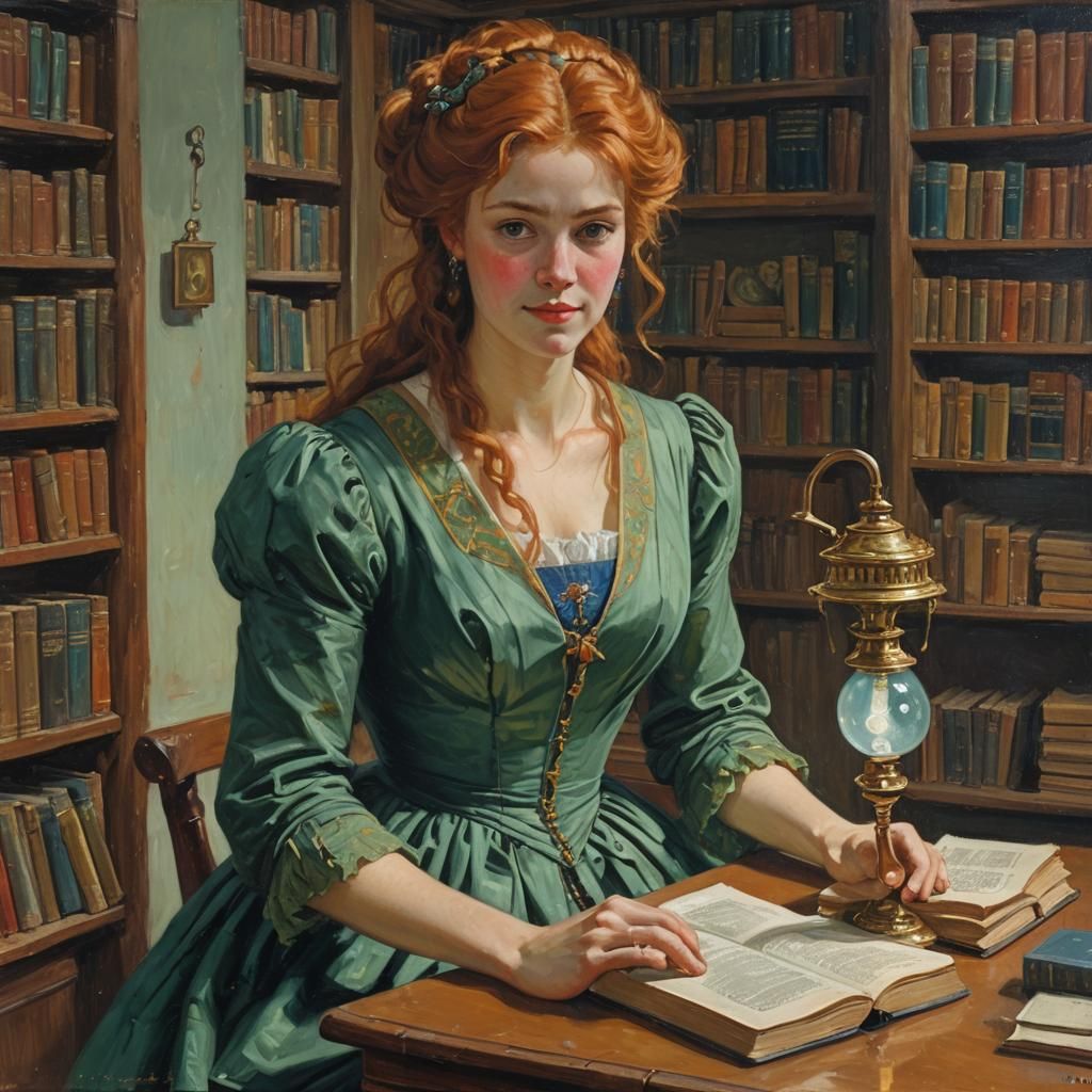 Smiling Woman Reads in Antique Museum Library