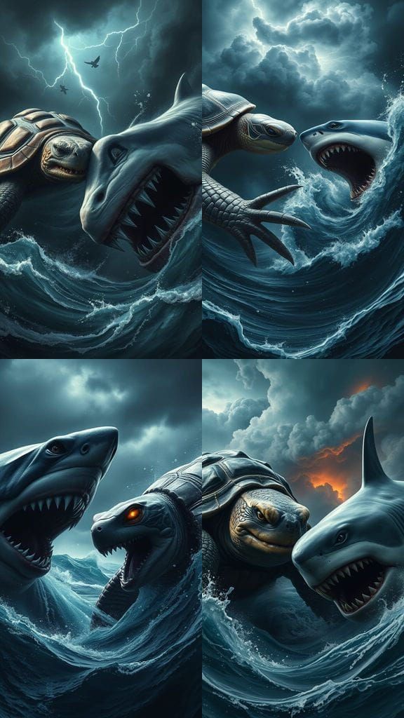 Fierce Turtle and Menacing Shark Confrontation in Turbulent ...