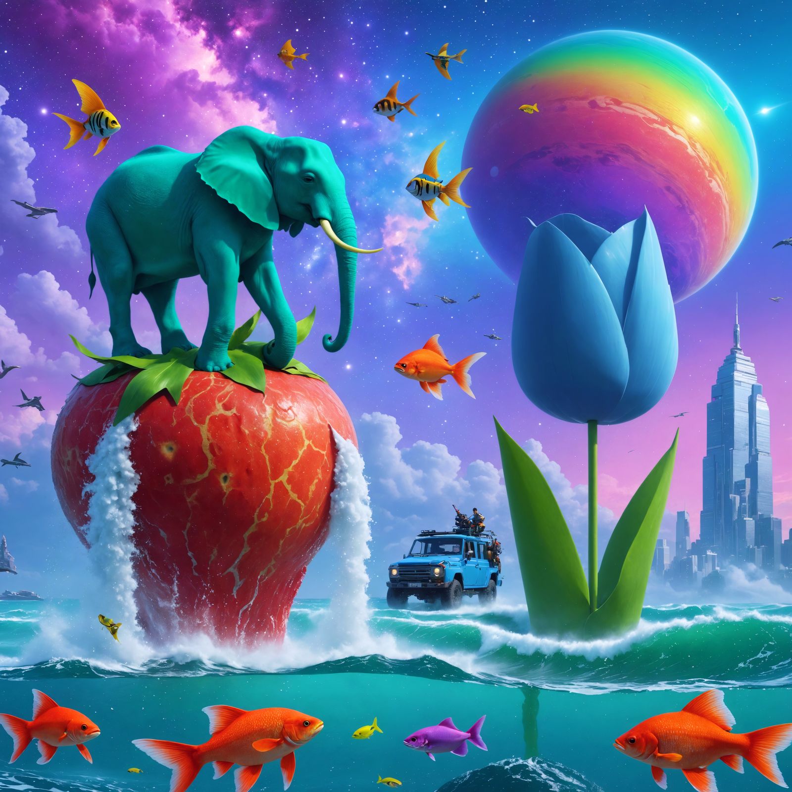 Surreal Turquoise Elephant Balancing on Strawberry