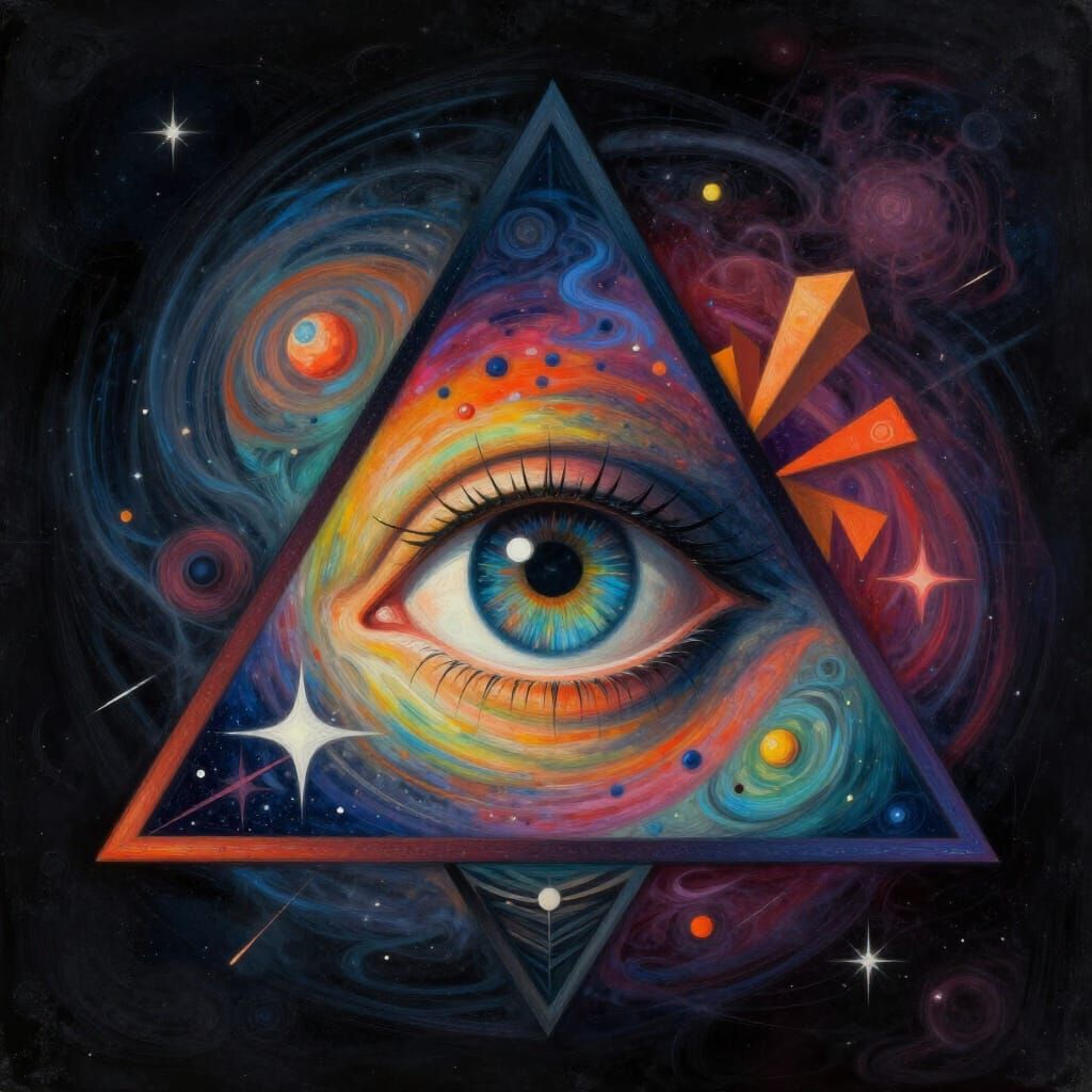 Surrealist Eye in Triangle with Cosmic Patterns