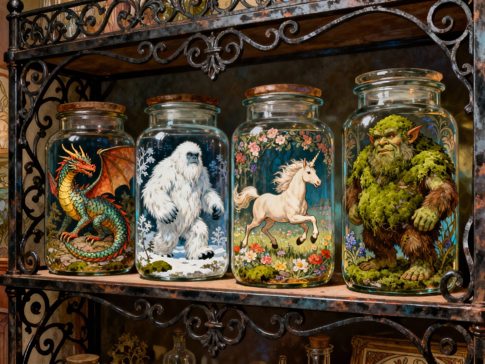 Mythical Creatures in Jars on Display