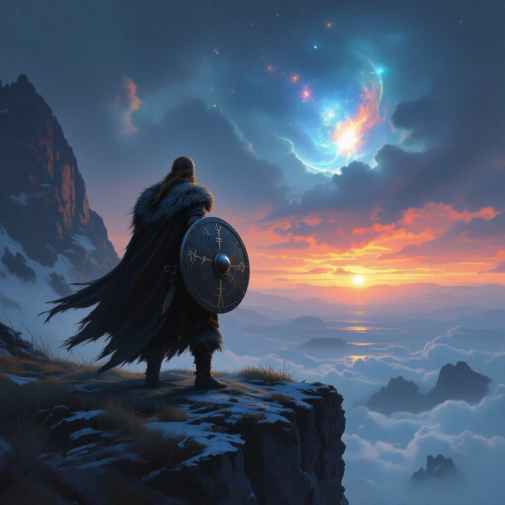 Viking Warrior on Cliff with Rune Shield