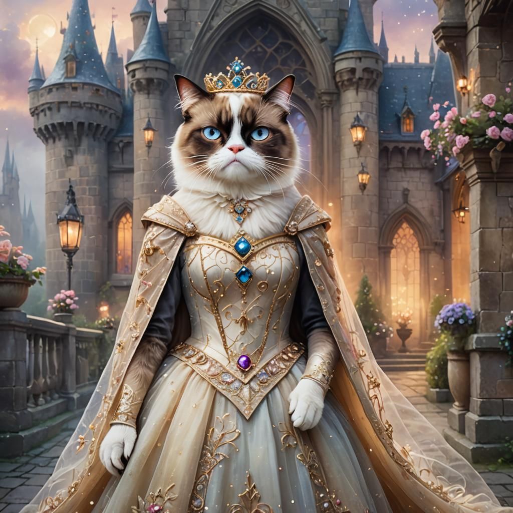 Grumpy Cat Queen in Misty Castle, Watercolor Style