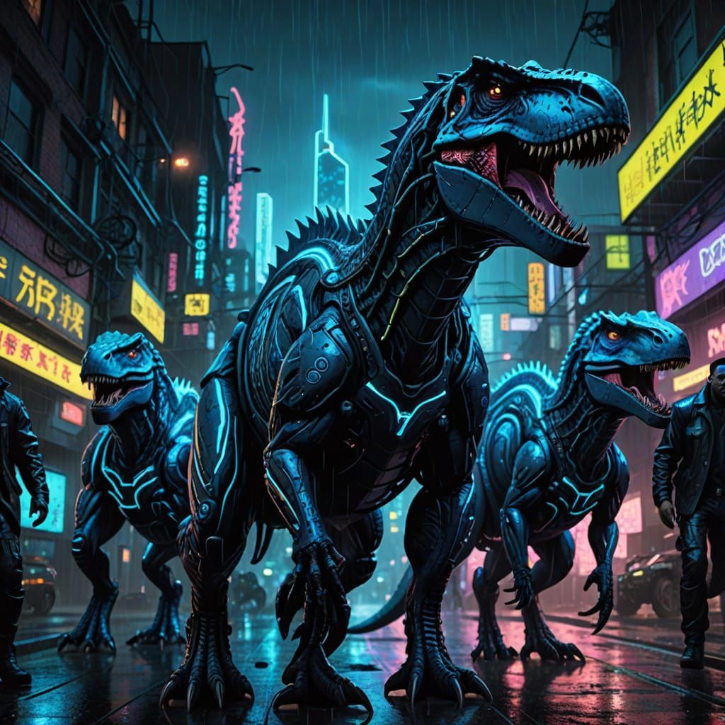 Cyberpunk T-Rex Ridden by Thugs in Neon City