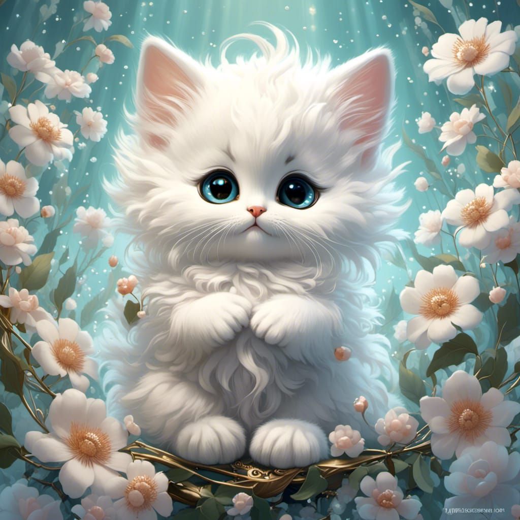 Crystal Kitten Surrounded by Feathers in Fantasy Style