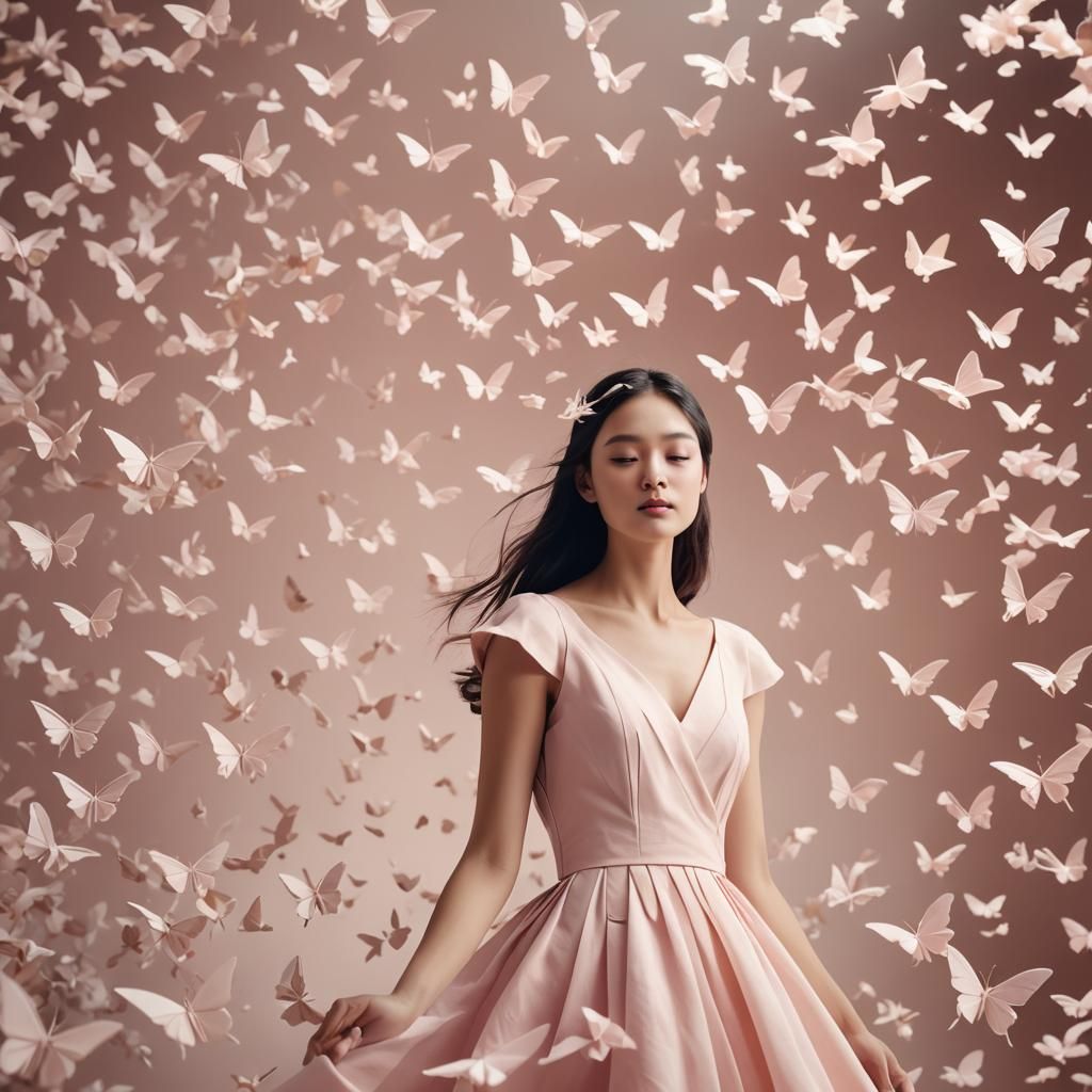 Model in Pink Dress with Origami Butterflies
