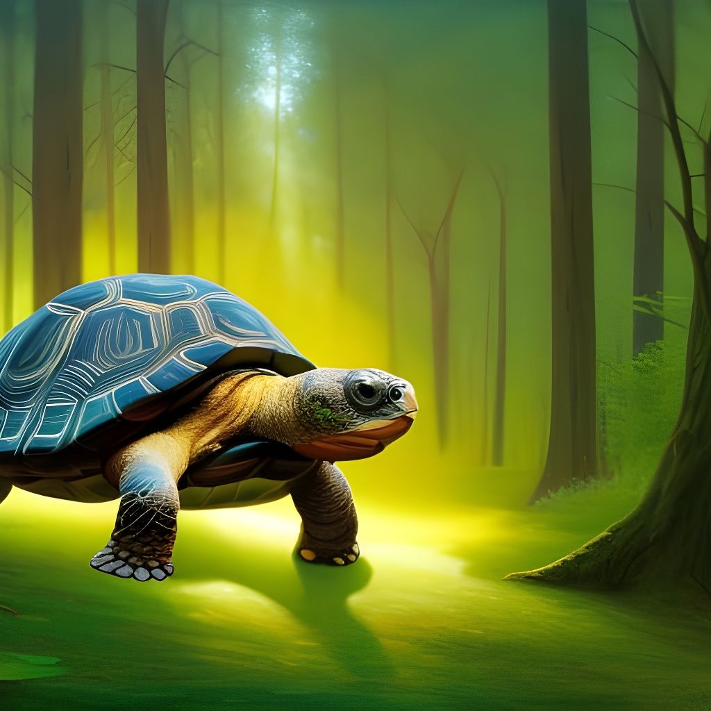 Tortoise in Spring Forest: Luminous Oil Painting
