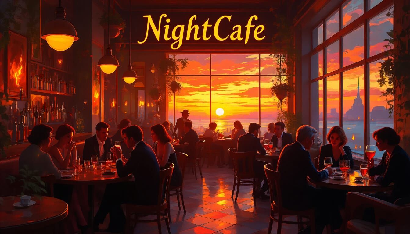 Surreal Cafe Interior at Sunset