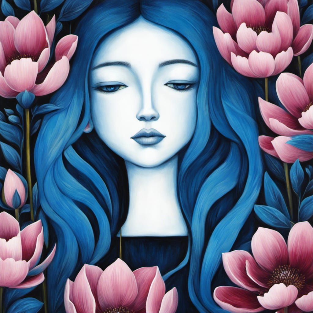 Blue Girl with Peonies in Art Brut Style