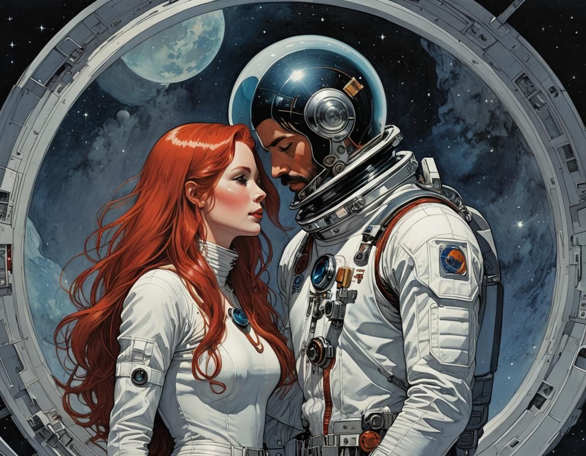 Romantic Couple Embrace in Retrofuturist Space Illustration