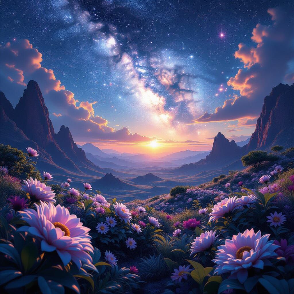 Ethereal Cosmic Fantasy Landscape with Alien Flora