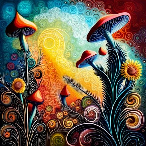 Mixed Media Painting of Fantasy Flowers and Wheat