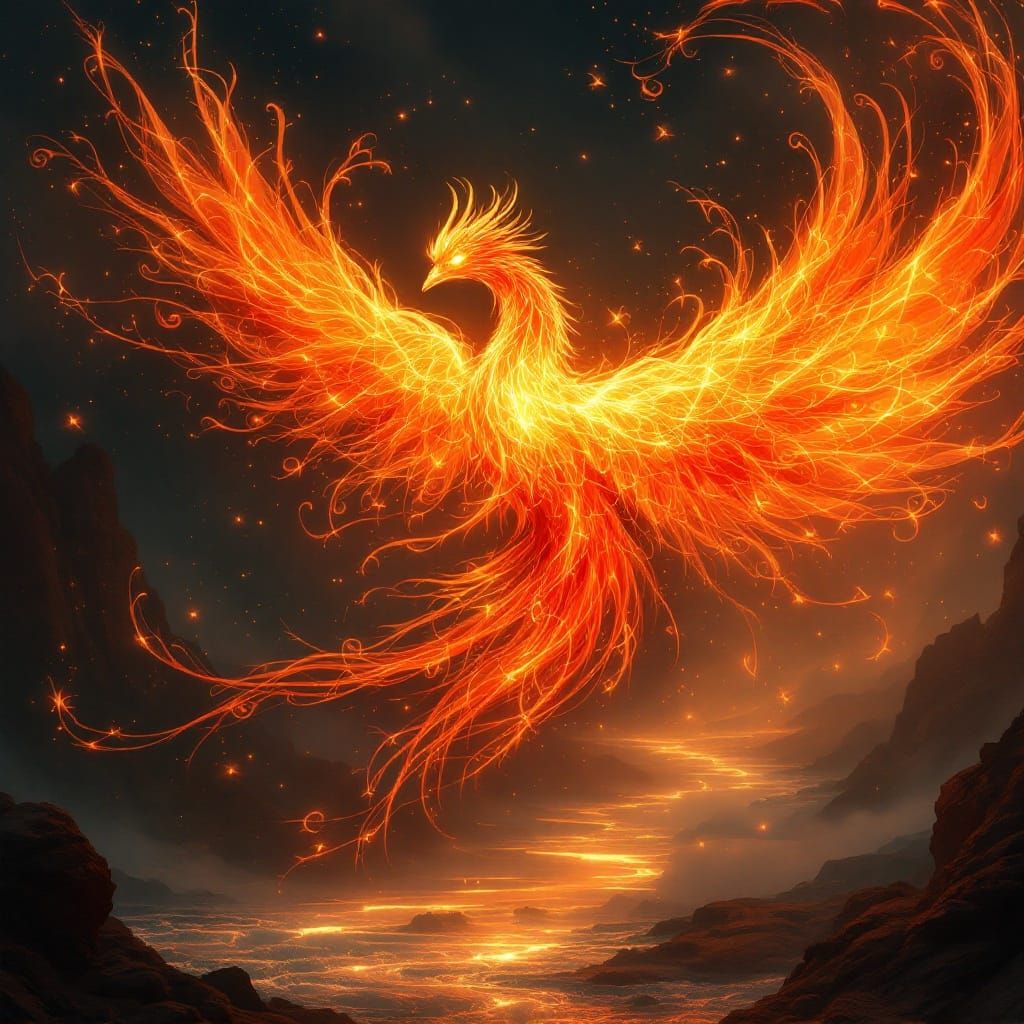 Blazing Fire Phoenix Over Flame River in Art Nouveau Style