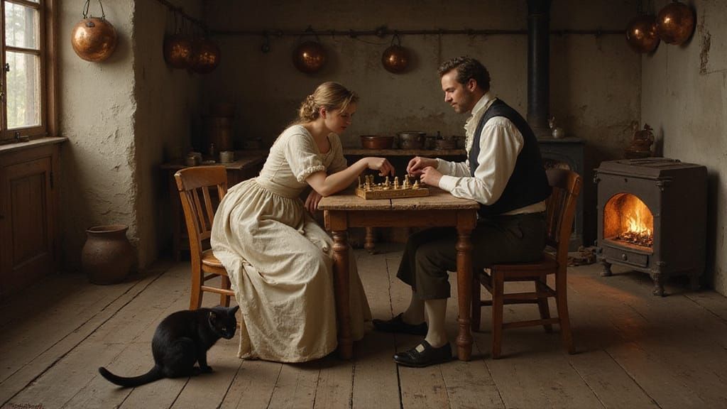 Georgian Era Couple Playing Chess in Farmhouse Kitchen Oil P...