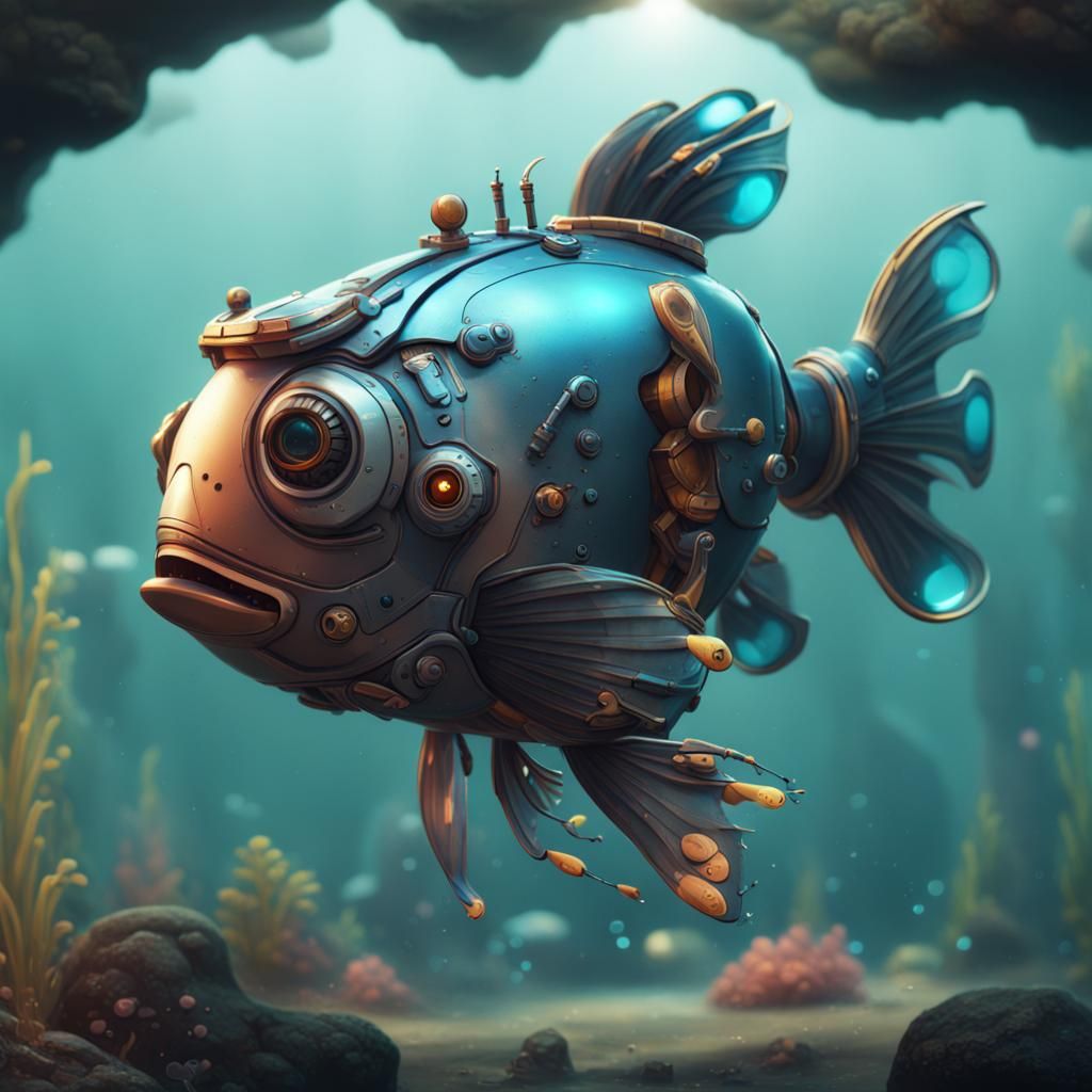 Cute Robotic Fish in Detailed Digital Painting