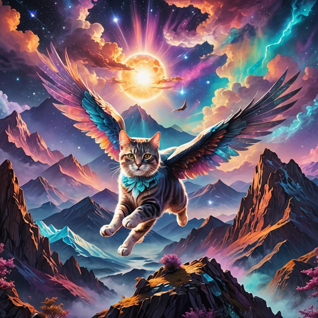 Winged Cat Soaring Over Mountains: Holographic Illustration