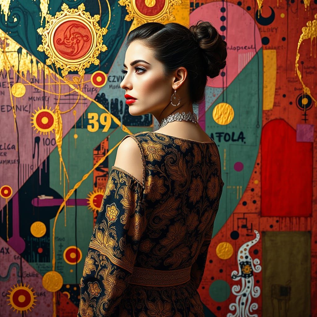 Elegant Woman in Profile with Geometric Backdrop