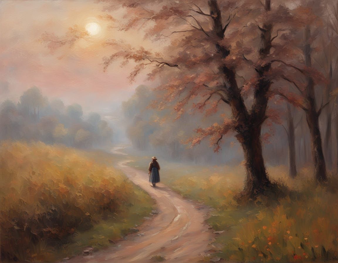 Autumnal Countryside Path in Romantic Realism Style