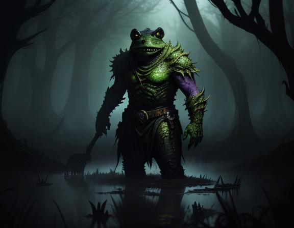 Menacing Bullywug in Misty Swamp: Dark Fantasy Art