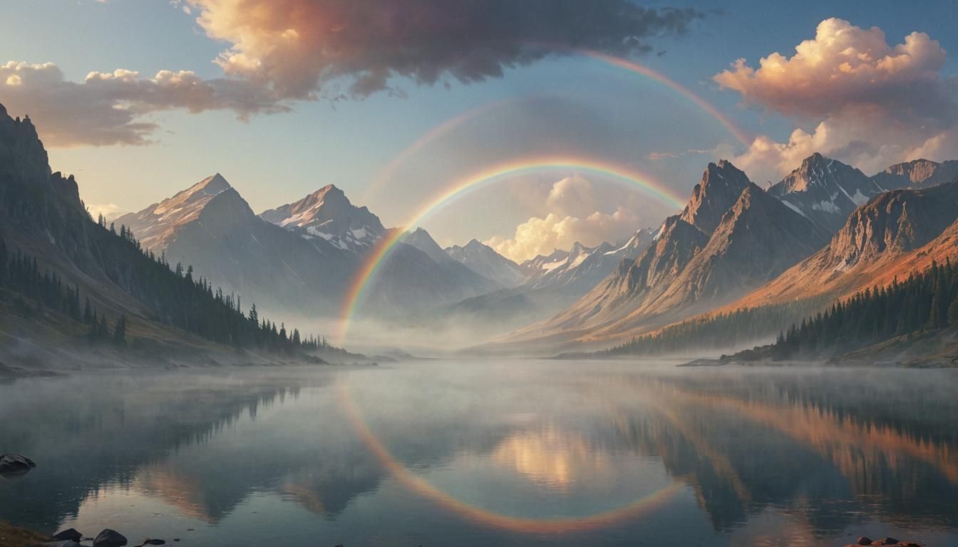 Rainbow Explosion Over Misty Alien Lake Watercolor