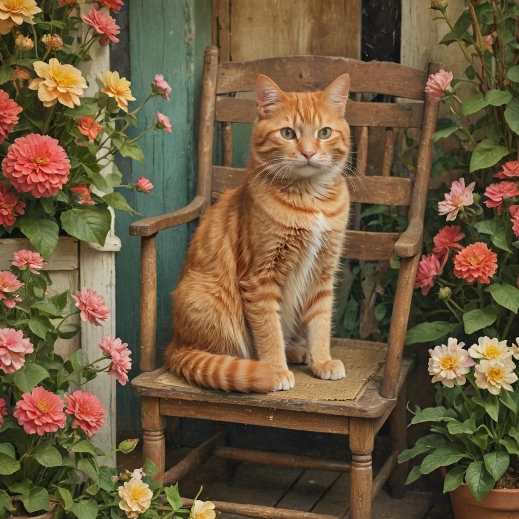 Ginger Cat in Fairytale Scene as Vintage Postcard