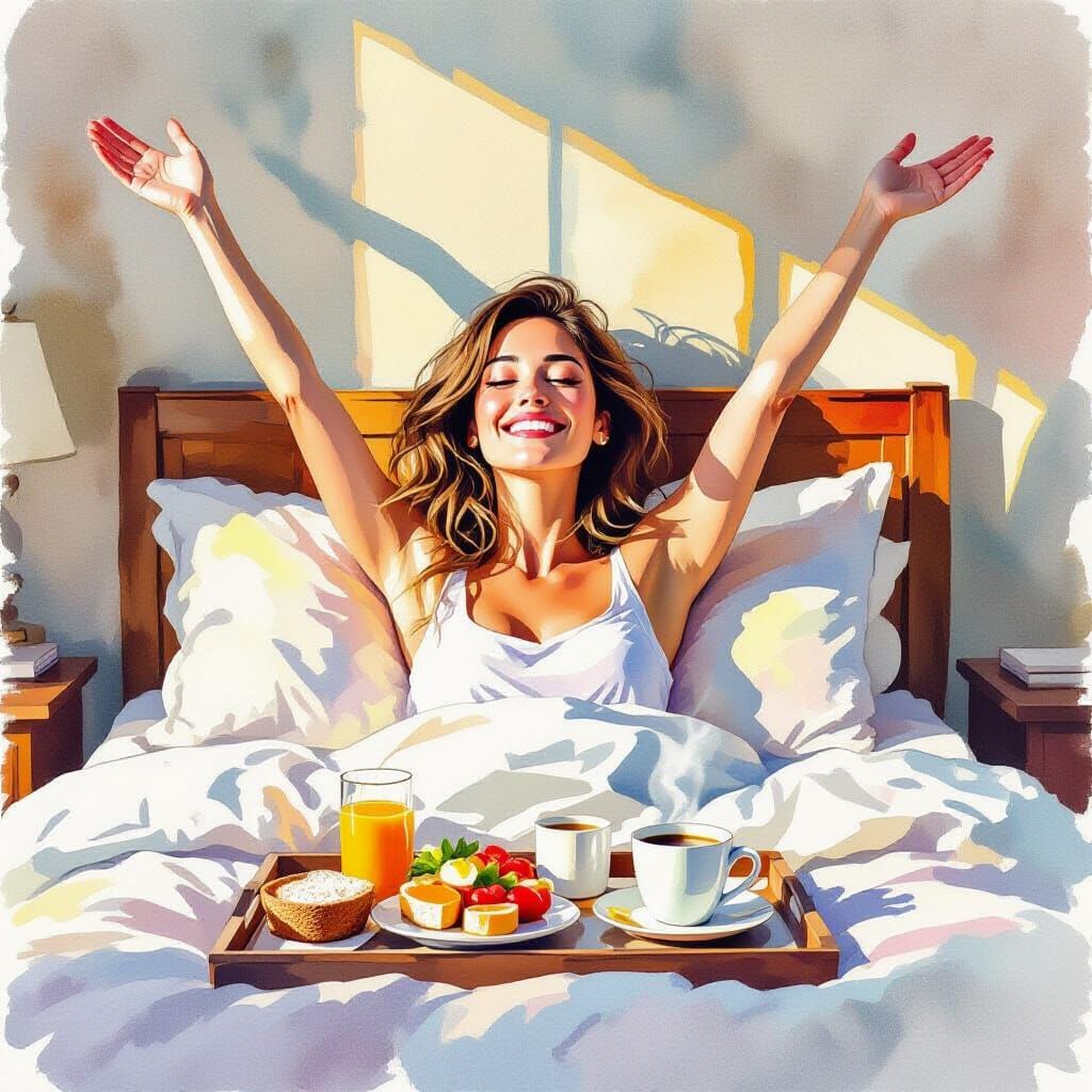 Woman Enjoys Vegetarian Breakfast in Bed, Watercolour Painti...