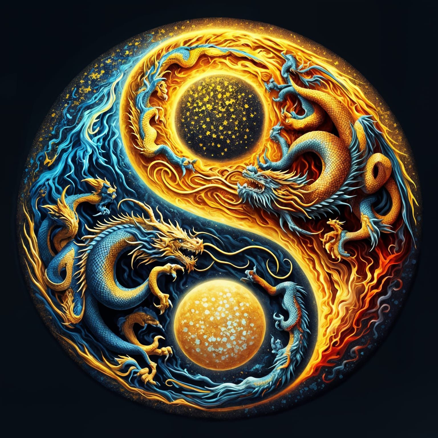 Golden Dragons Clash with Blue Opponents in Yin Yang Balance