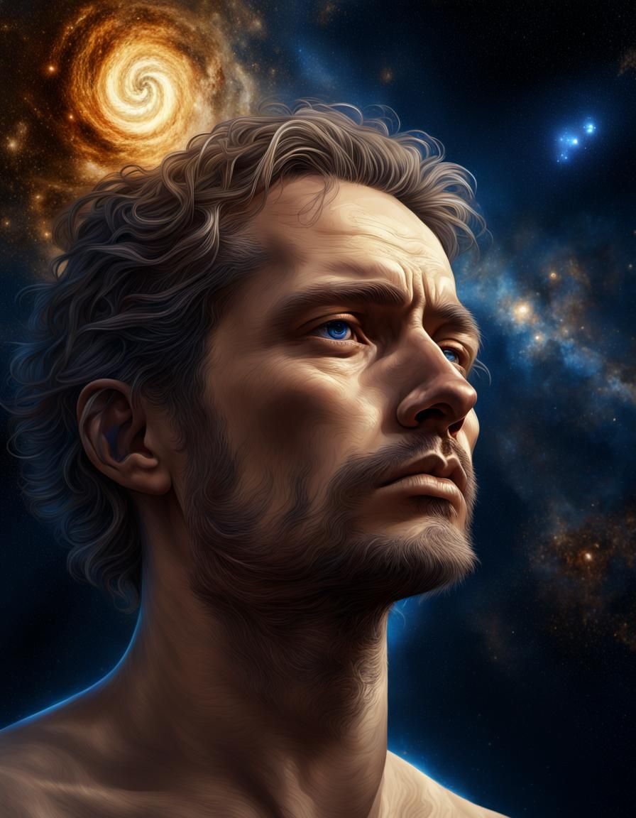 Cosmic Portrait of a Weary Man in Digital Art Style