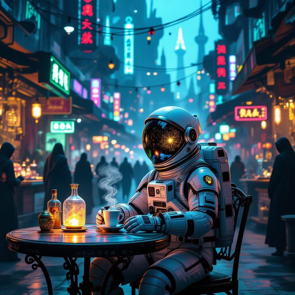 Astronaut in Alien Bazaar with Neon Signs