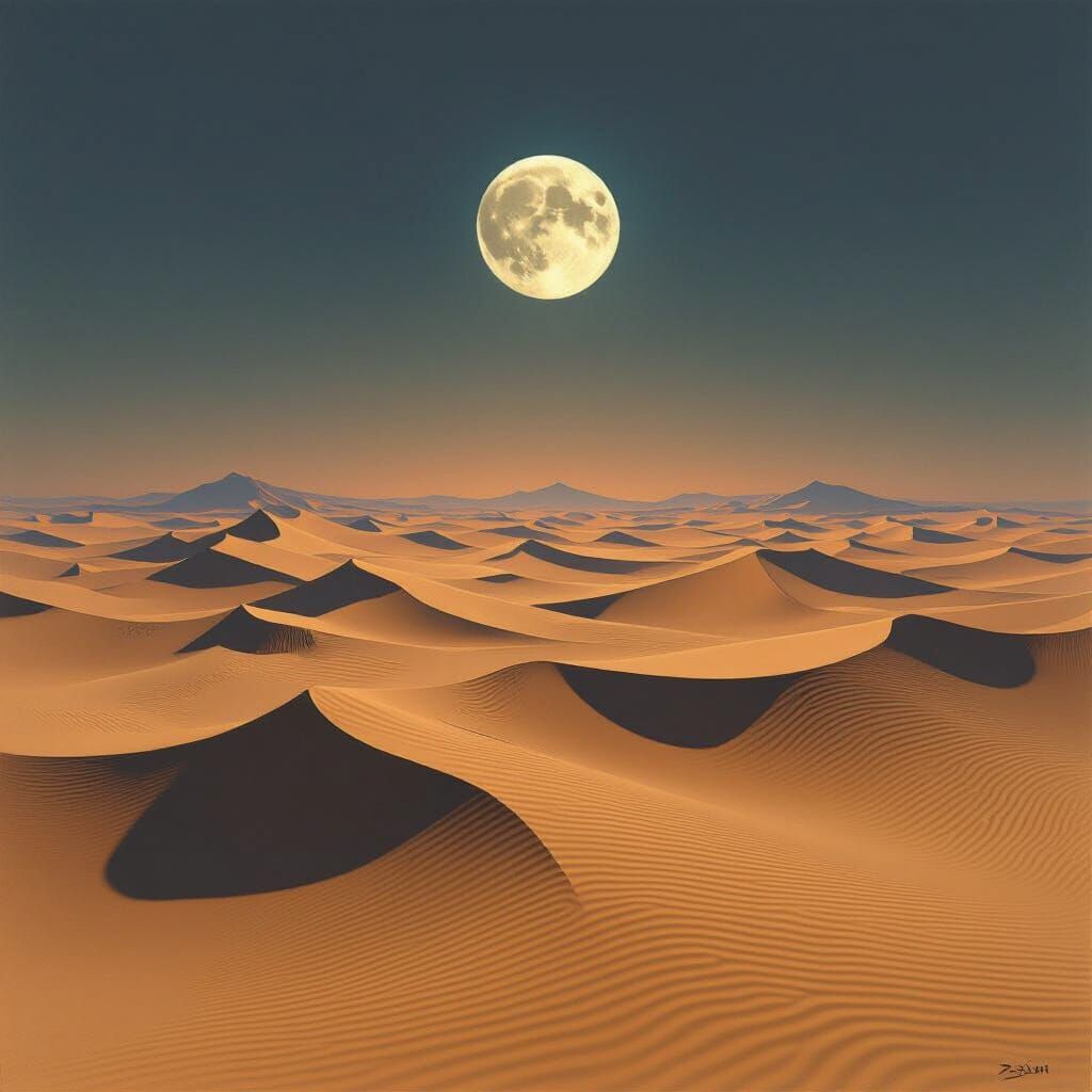 Desert Dunes Shaped Like Sleeping Giants Under Twilight Moon