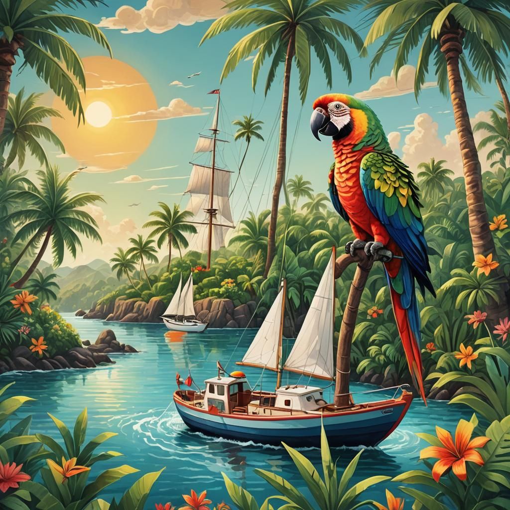 Parrot's Tropical Sailboat Adventure: Whimsical Oceanic Illu...