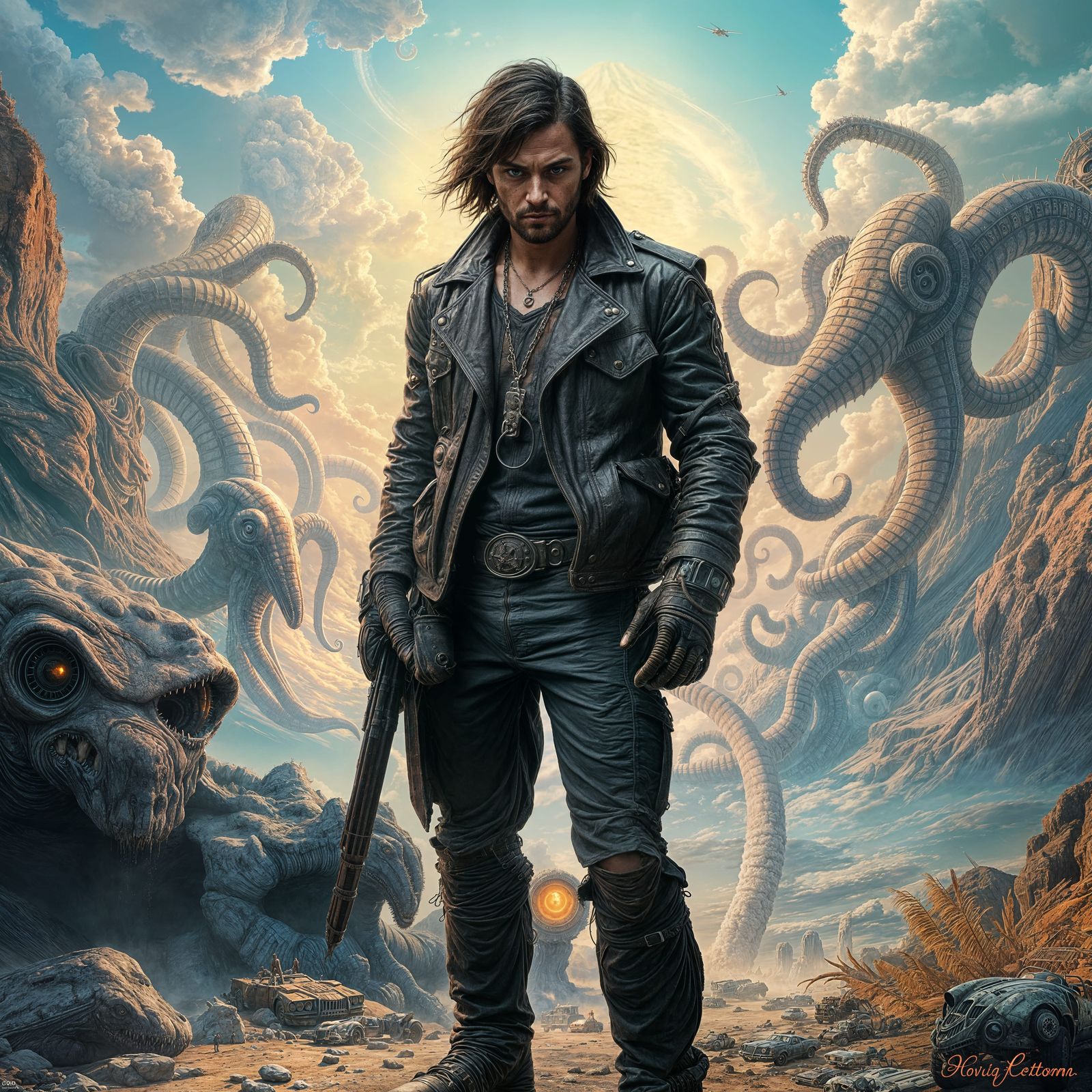 Dark Fantasy Warrior in a Psychedelic Lovecraftian Landscape