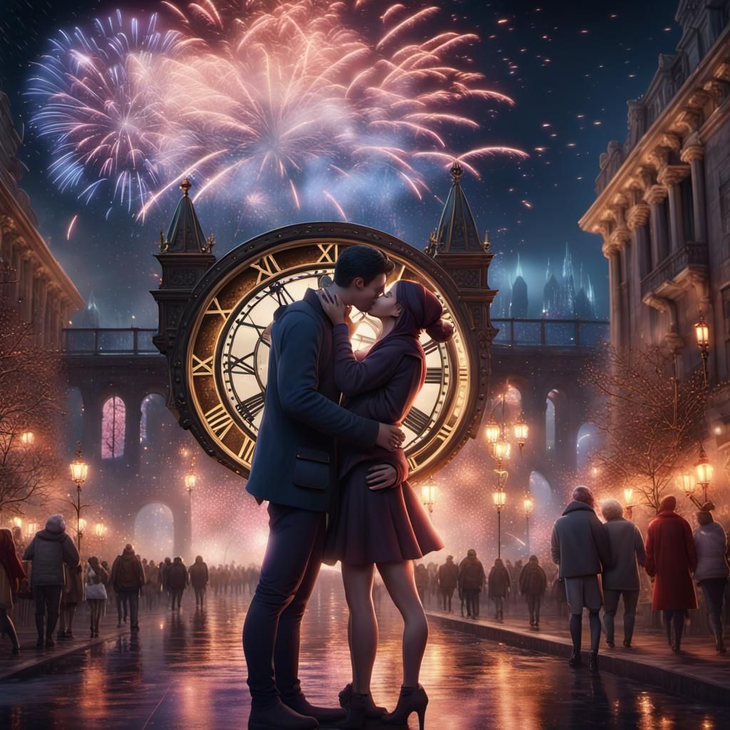 New Year's Eve Midnight Kiss: Fireworks in Matte Painting