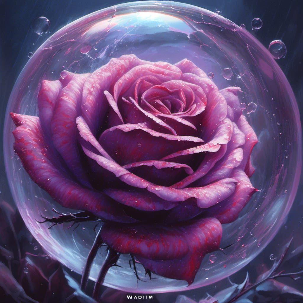 Purple Rose in Frozen Bubble, Watercolor Synthwave Art