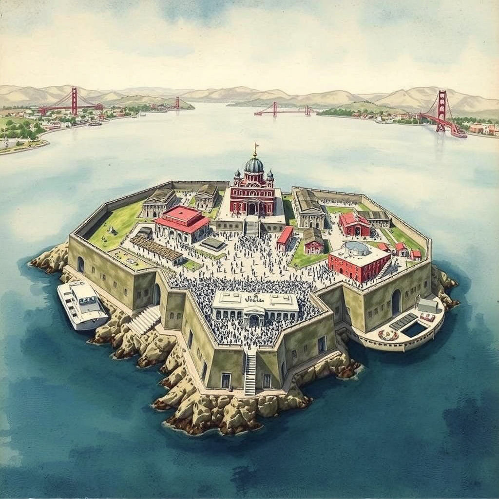 Alcatraz Island Aerial View in Retro Mixed Media