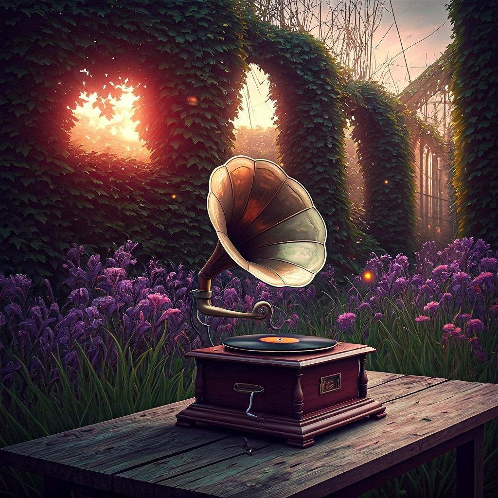 Vintage Gramophone in Enchanted Garden