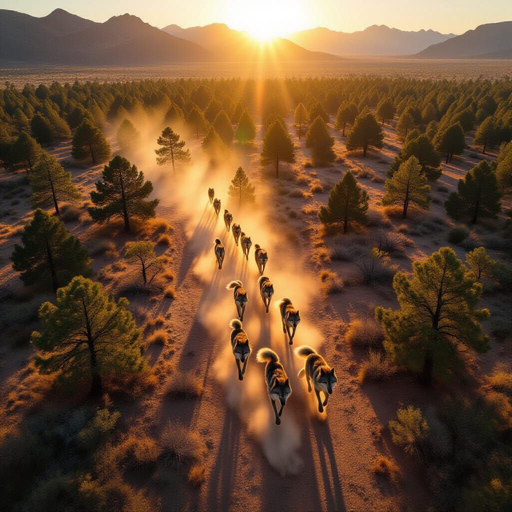 Wolves Racing Through Forested Desert: Helicopter View