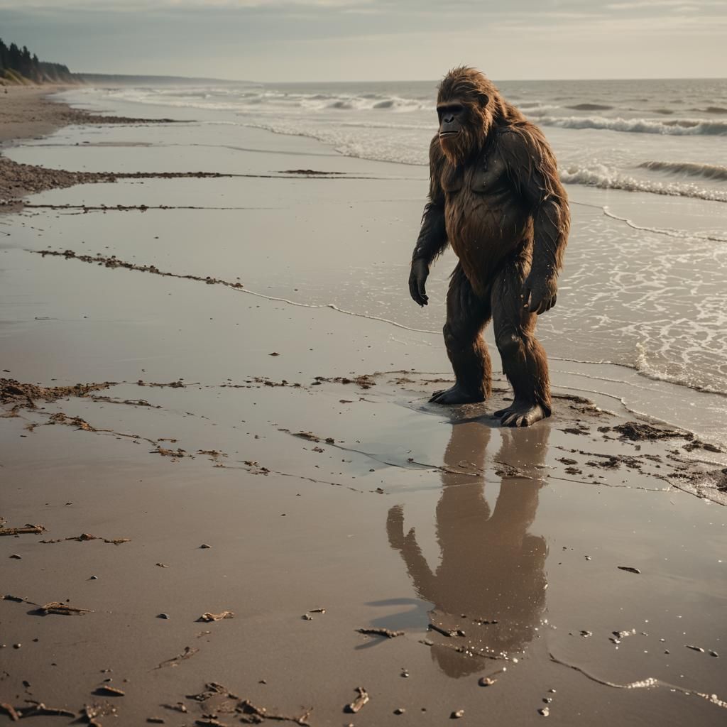 Sasquatch on Sandy Beach Coastline: Wildlife Photography