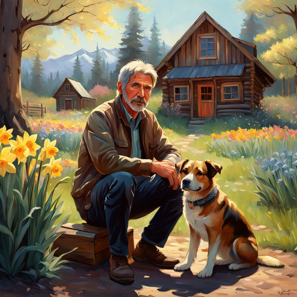 Man and Dog in a Vibrant Meadow Scene, in James Gurney Style