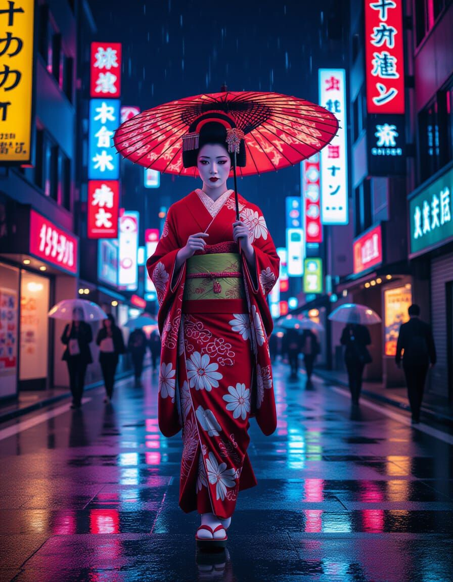 Cyberpunk Geisha in Futuristic Cityscape