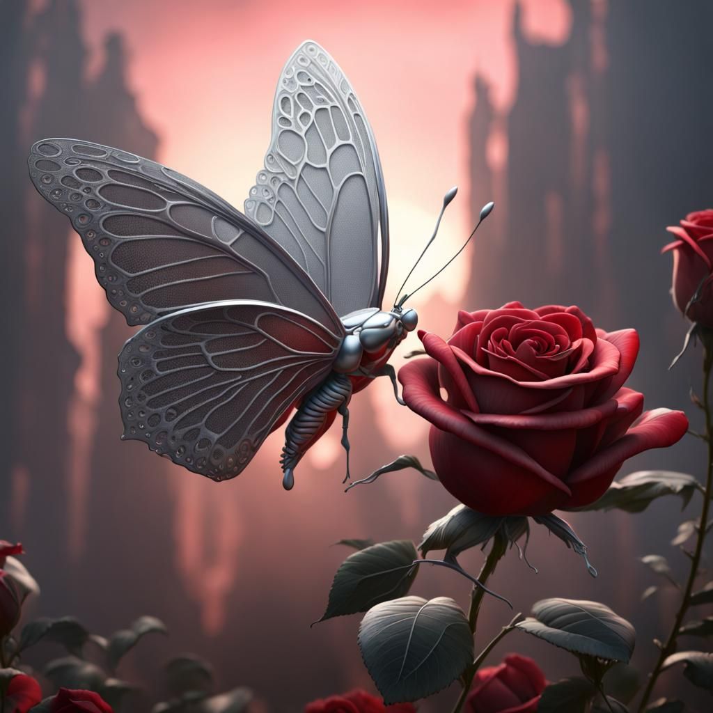 Silver Butterfly and Red Rose in Matte Painting Style