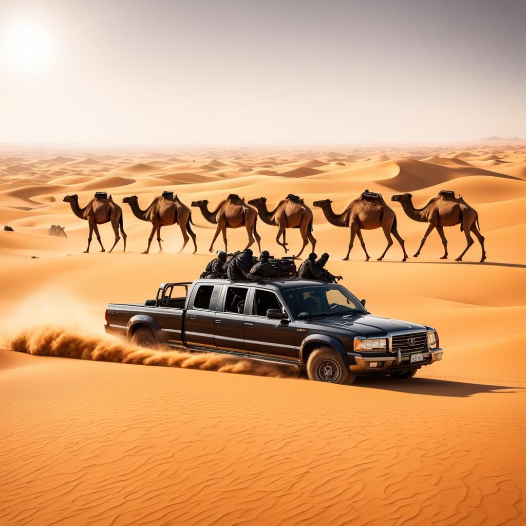 Camels in Desert Chase Scene