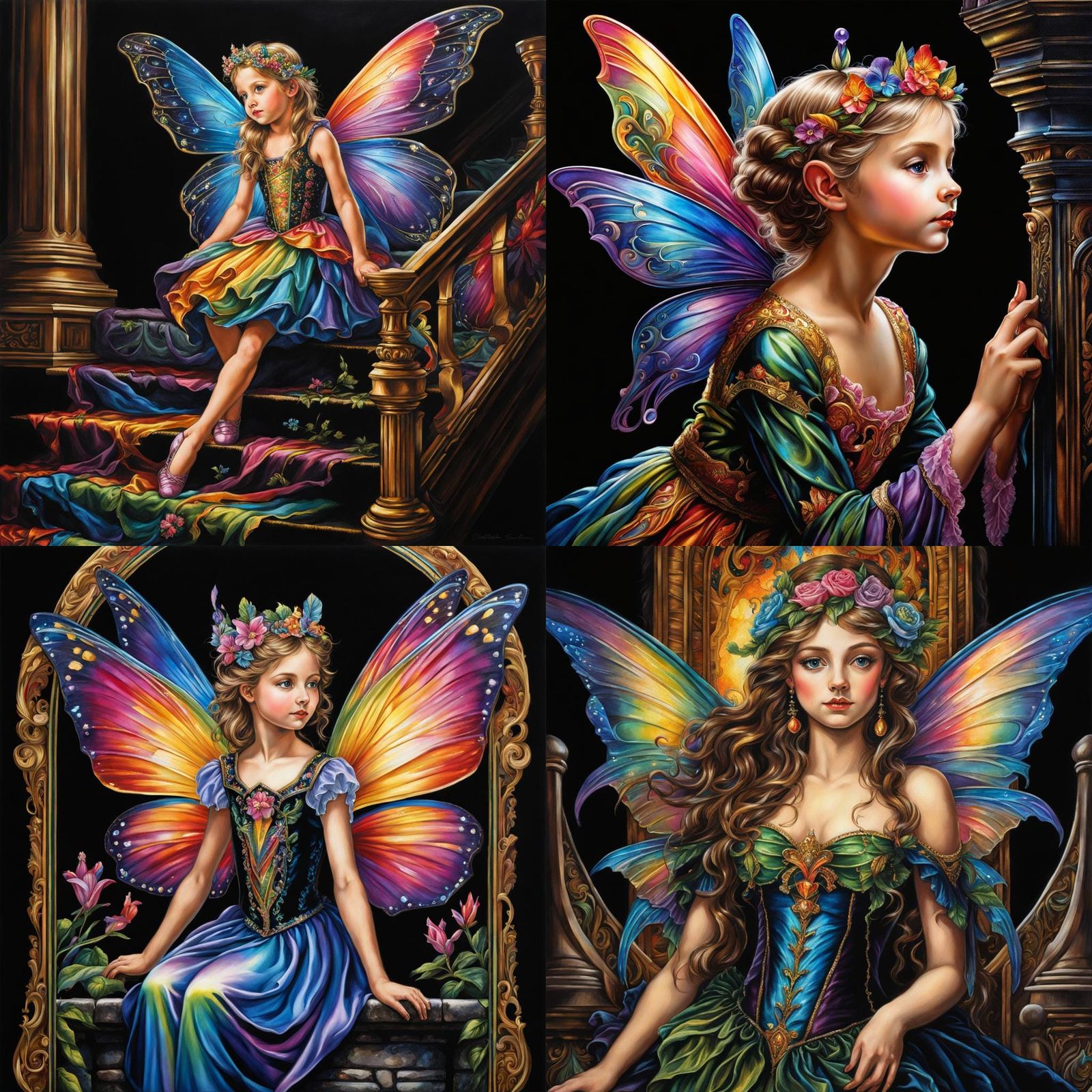 Little Victorian fairy  painted in bright prismatic colors